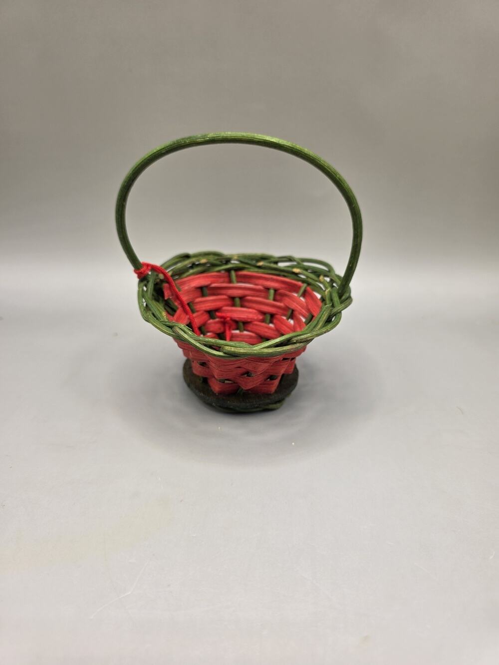 Vintage Miniature Woven Wicker Christmas Basket Ornament Red Green 4.25"
